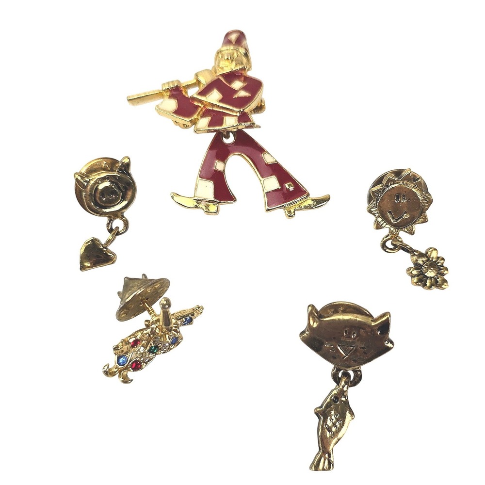 Vintage Articulated Dangle Pin Bundle of‎ 5 Enamel Brooch Cat Clown Sun Jester